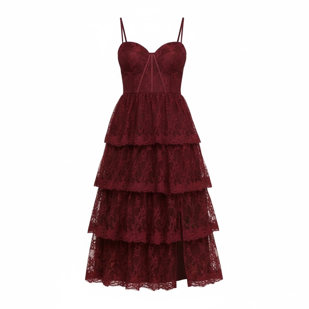 Tiered Lace Midi Dress in Burgundy